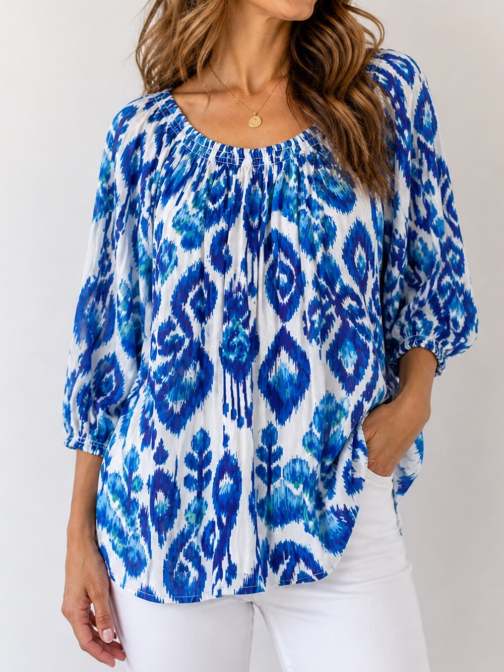 Patrizia Luca Milano Blue White Boho Peasant Top L Flowy Beach Blouse NWT